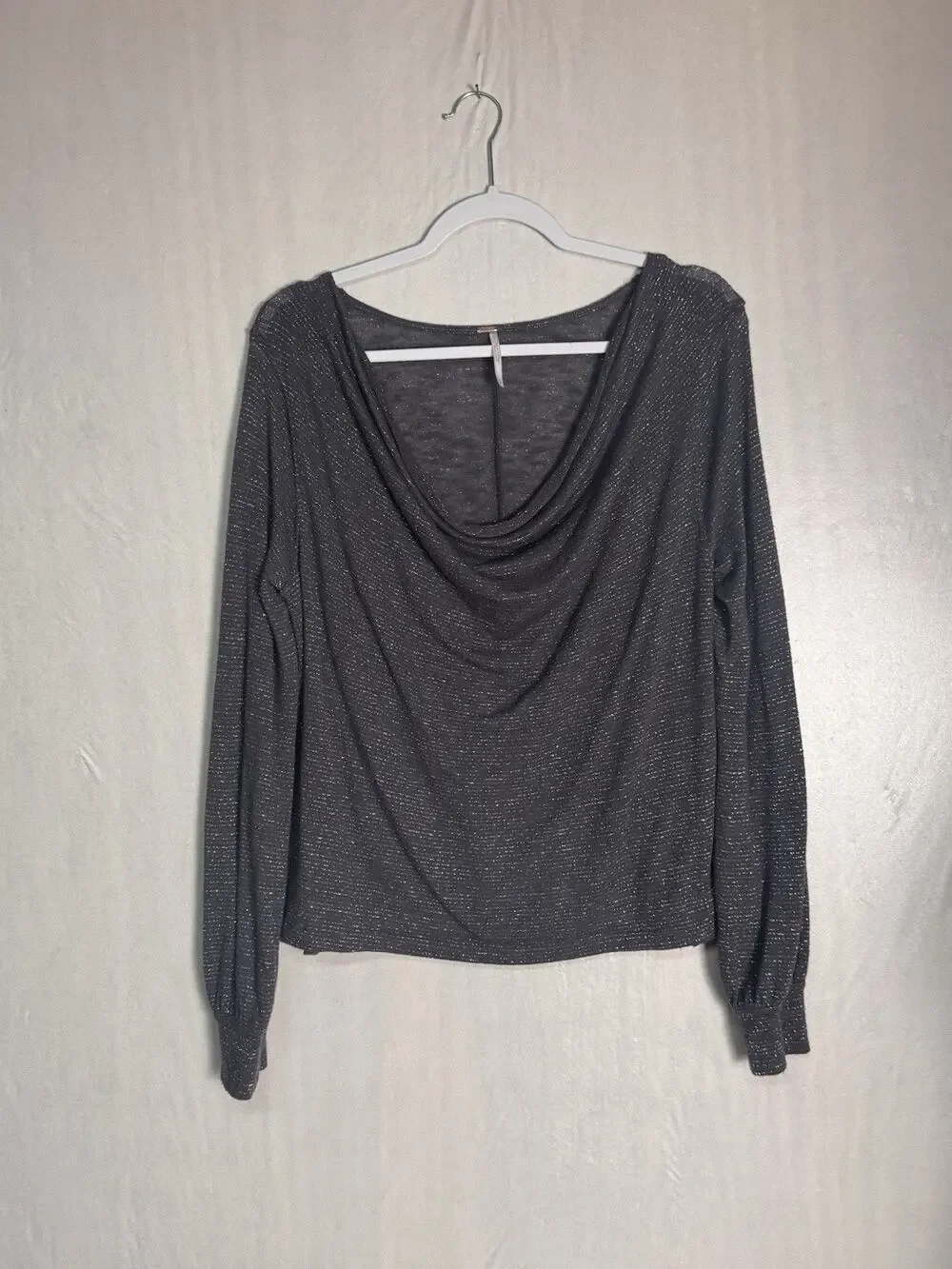 Free People Gray Metallic Sparkle Cowl Neck Top Lightweight Semi Sheer Sz Small